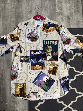 Cream Short-Sleeve Button-Down Shirt with Travel Poster Print